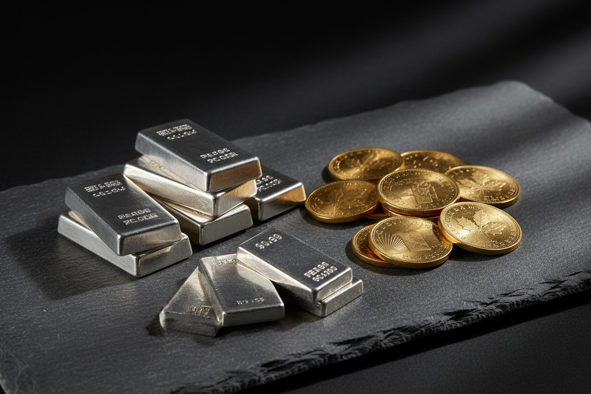 Silver bars and gold coins