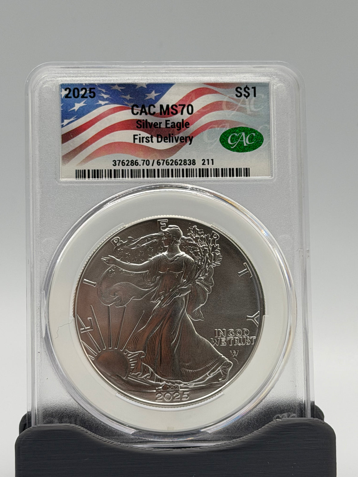 2025 $1 Silver Eagle CAC Grading MS70 First Delivery Flag Label