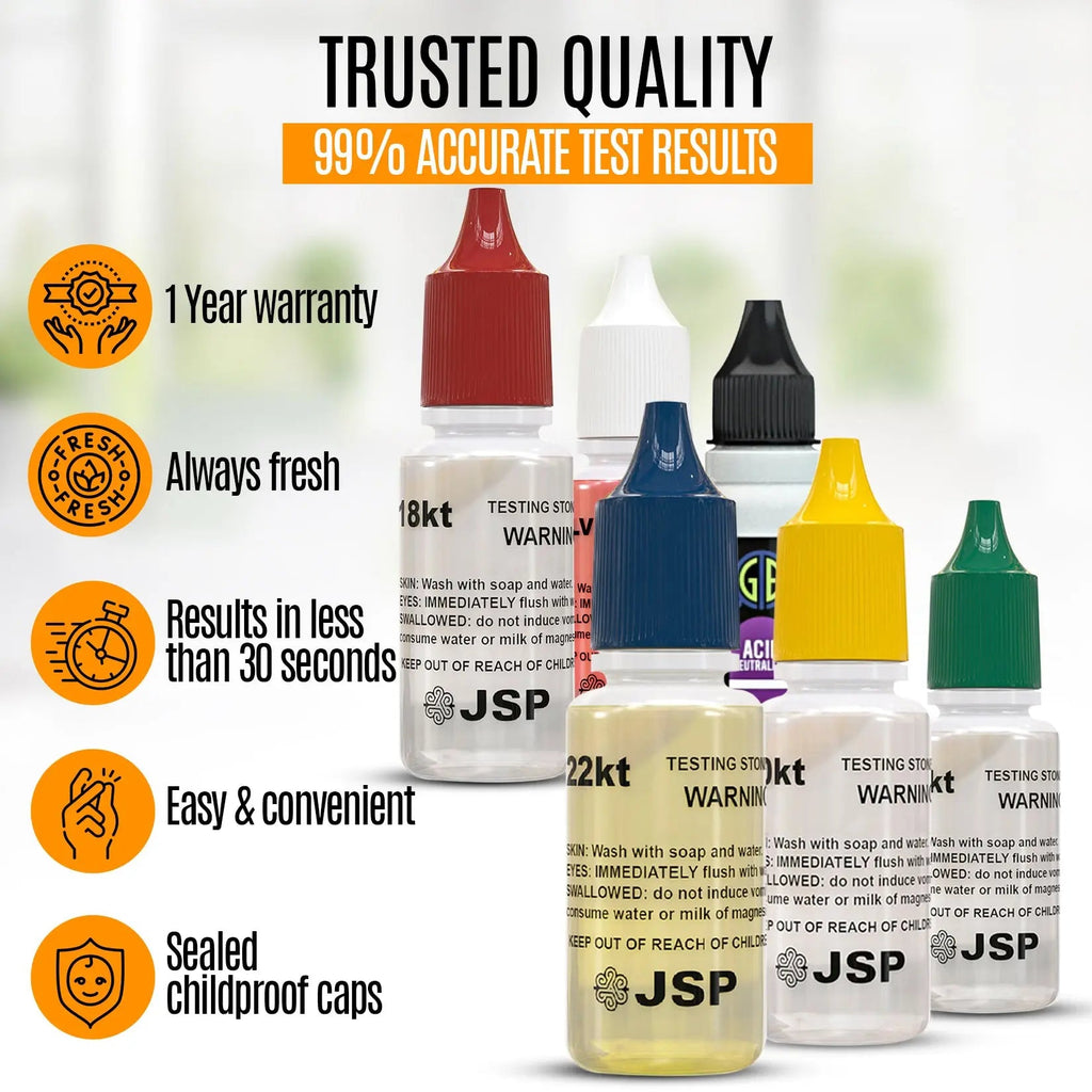 JSP Gold Silver Jewelry Metals Testing Acid 10k 14k 18k Kit + Scratch Test Stone