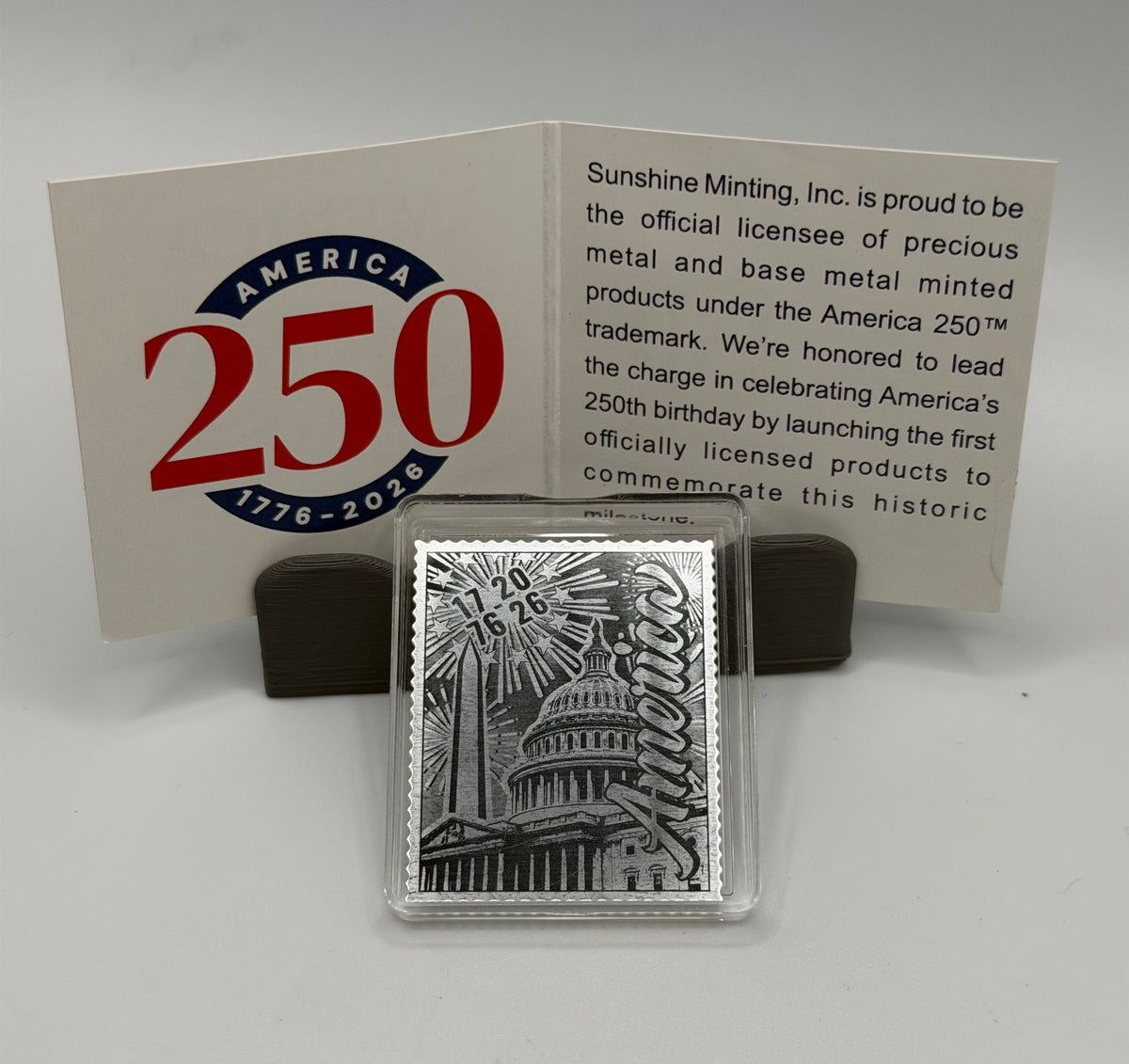 America 250 Sunshine Mint 1/4 oz .999 Silver Stamp Bar US Capitol Dome W/COA