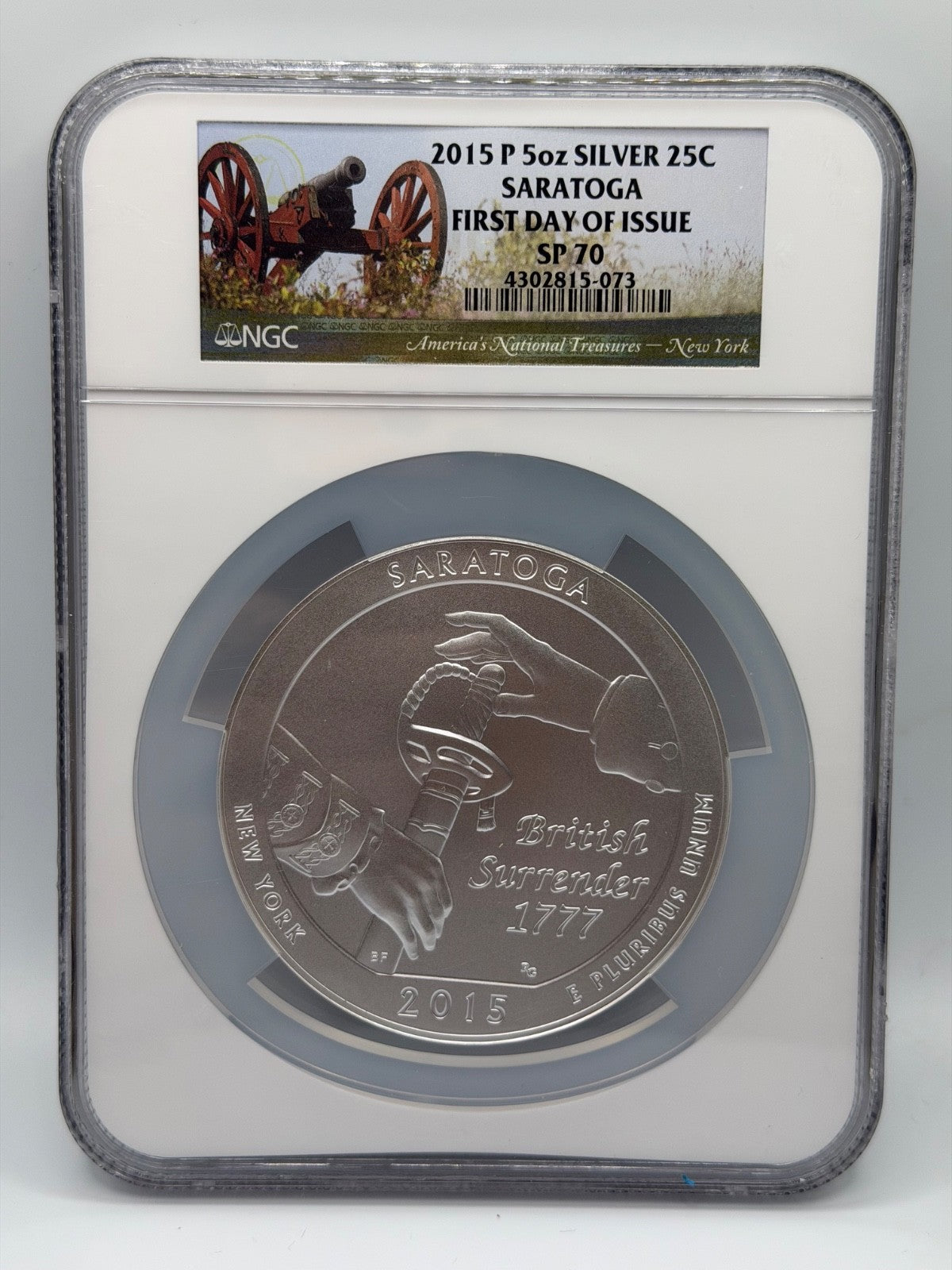 2015-P Saratoga 5oz  Silver 25C NGC SP 70 First Day Of Issue