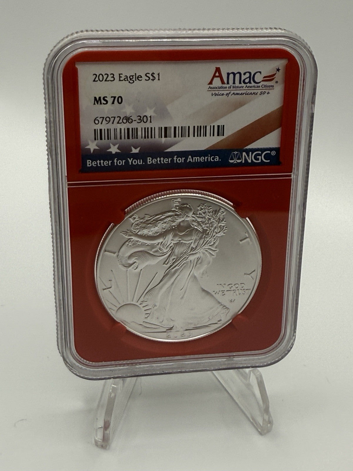 2023 American Silver Eagle MS70 NGC Red Core Amac label