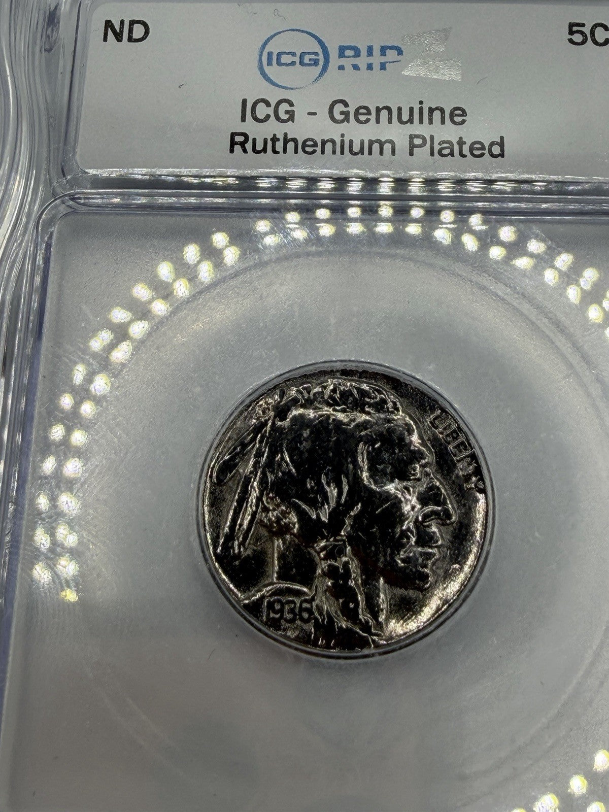 ICG Genuine Buffalo Nickel Black Ruthenium & Gold Plated 5C ND Slabbed