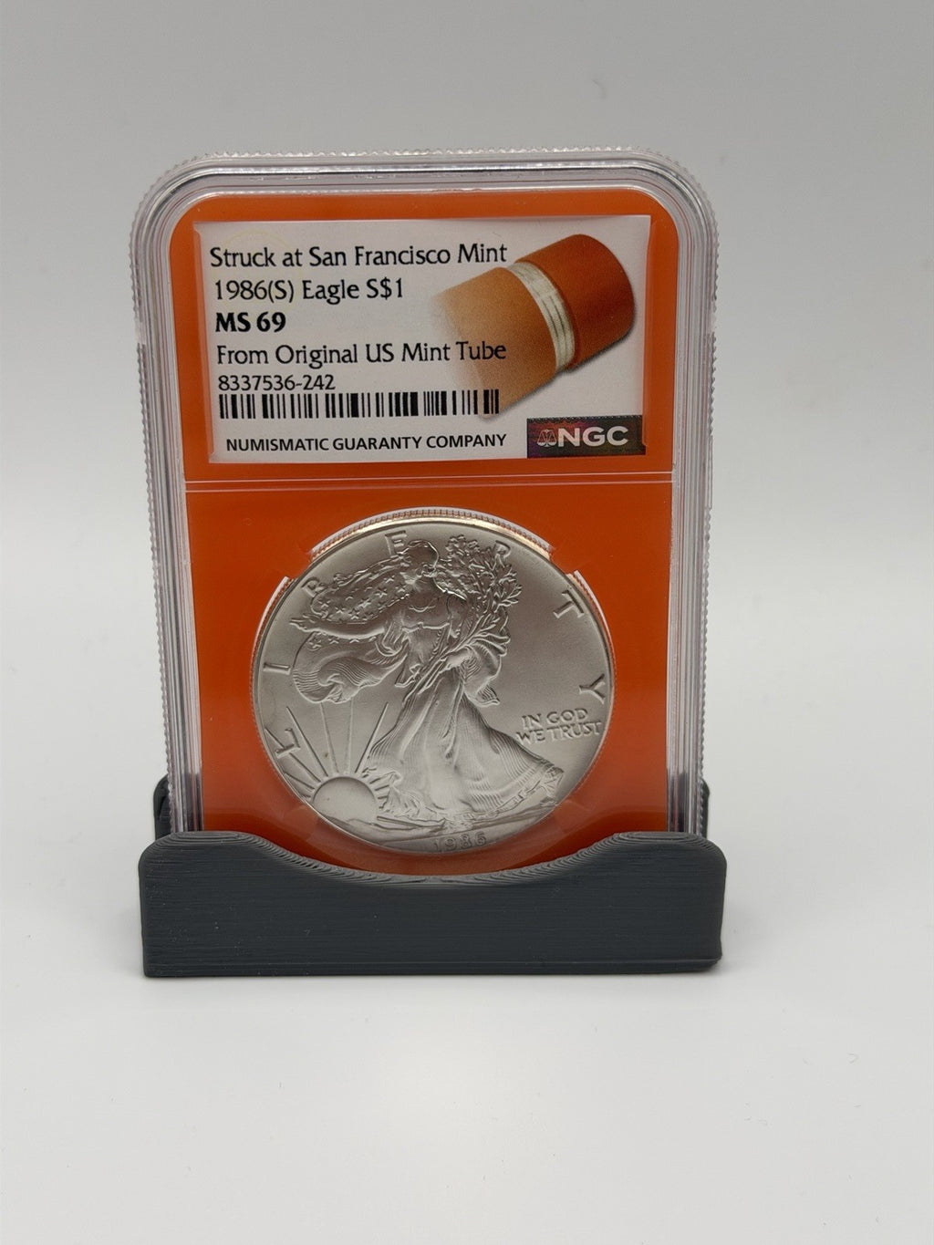 1986(S) 1 oz Silver Eagle NGC MS69 Struck At San Francisco Mint Orange Core