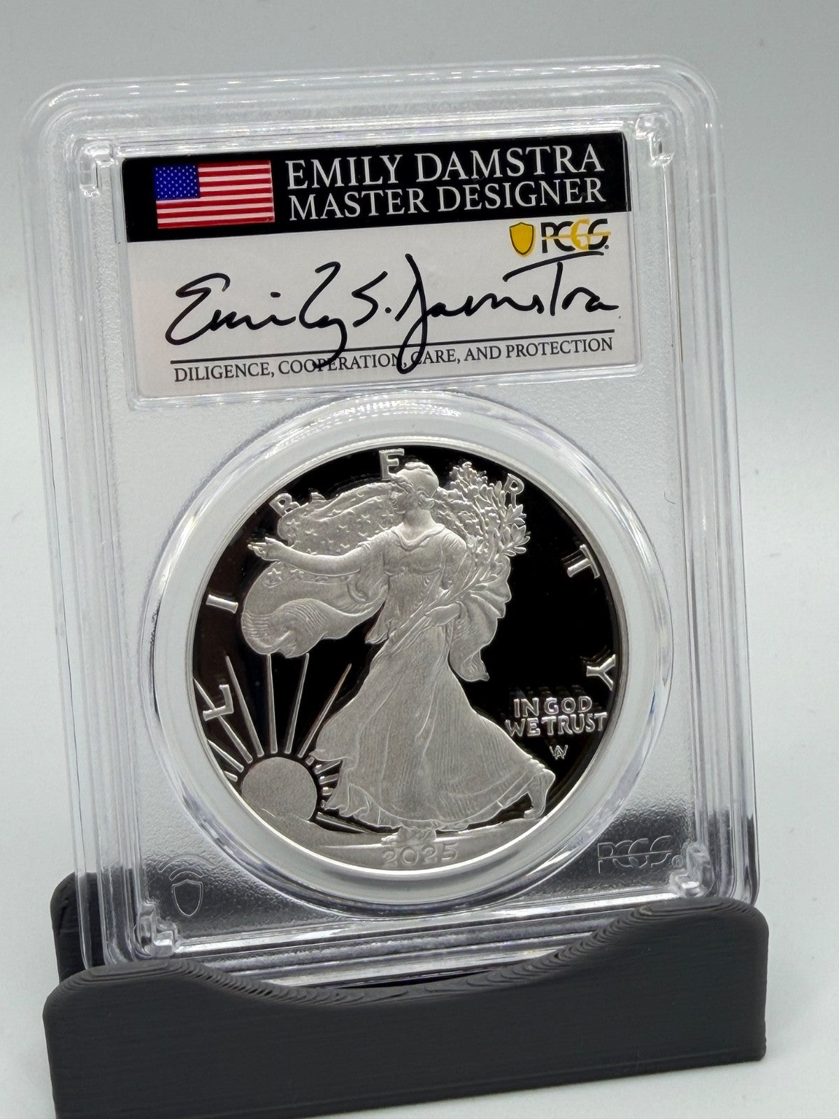2025-W PCGS PR70DCAM Silver Eagle First Day Issue - Emily Damstra Signed